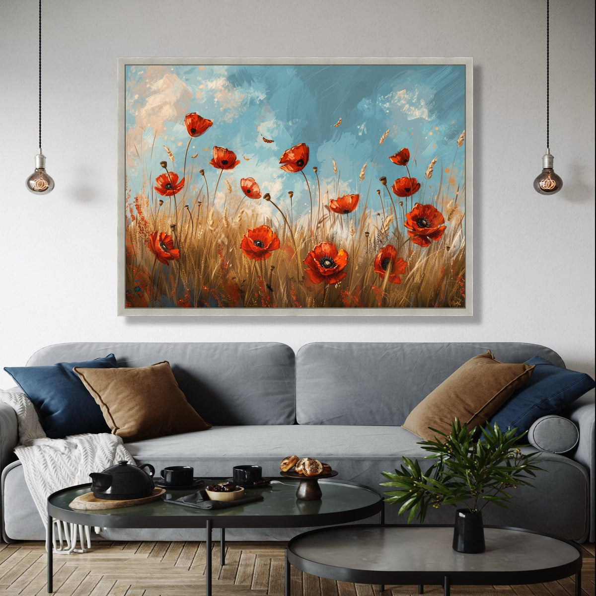 Vibrant Red Poppy Field Canvas, Floral Wall Art, Nature Landscape Painting, Blue Sky Meadow Canvas, Home Decor Gift Art, Home Decor, Print