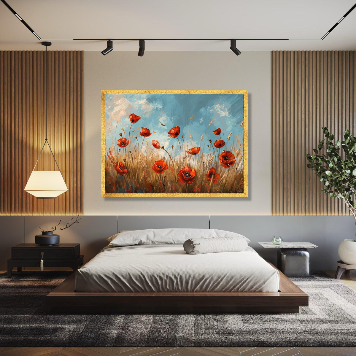 Vibrant Red Poppy Field Canvas, Floral Wall Art, Nature Landscape Painting, Blue Sky Meadow Canvas, Home Decor Gift Art, Home Decor, Print