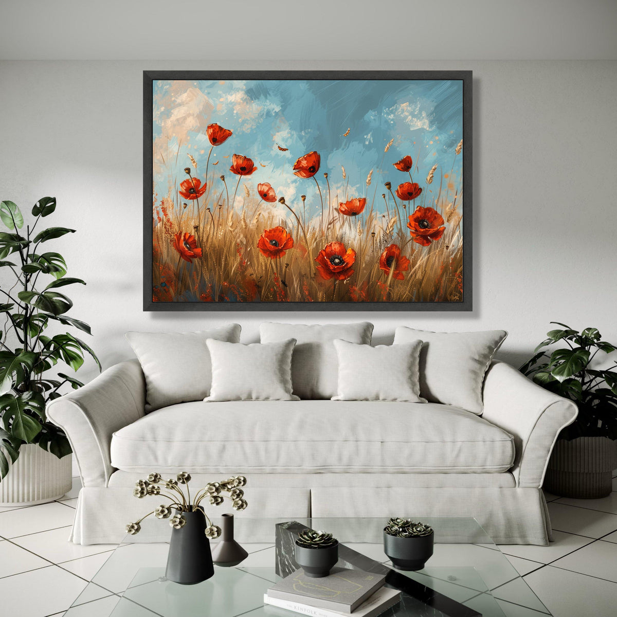 Vibrant Red Poppy Field Canvas, Floral Wall Art, Nature Landscape Painting, Blue Sky Meadow Canvas, Home Decor Gift Art, Home Decor, Print