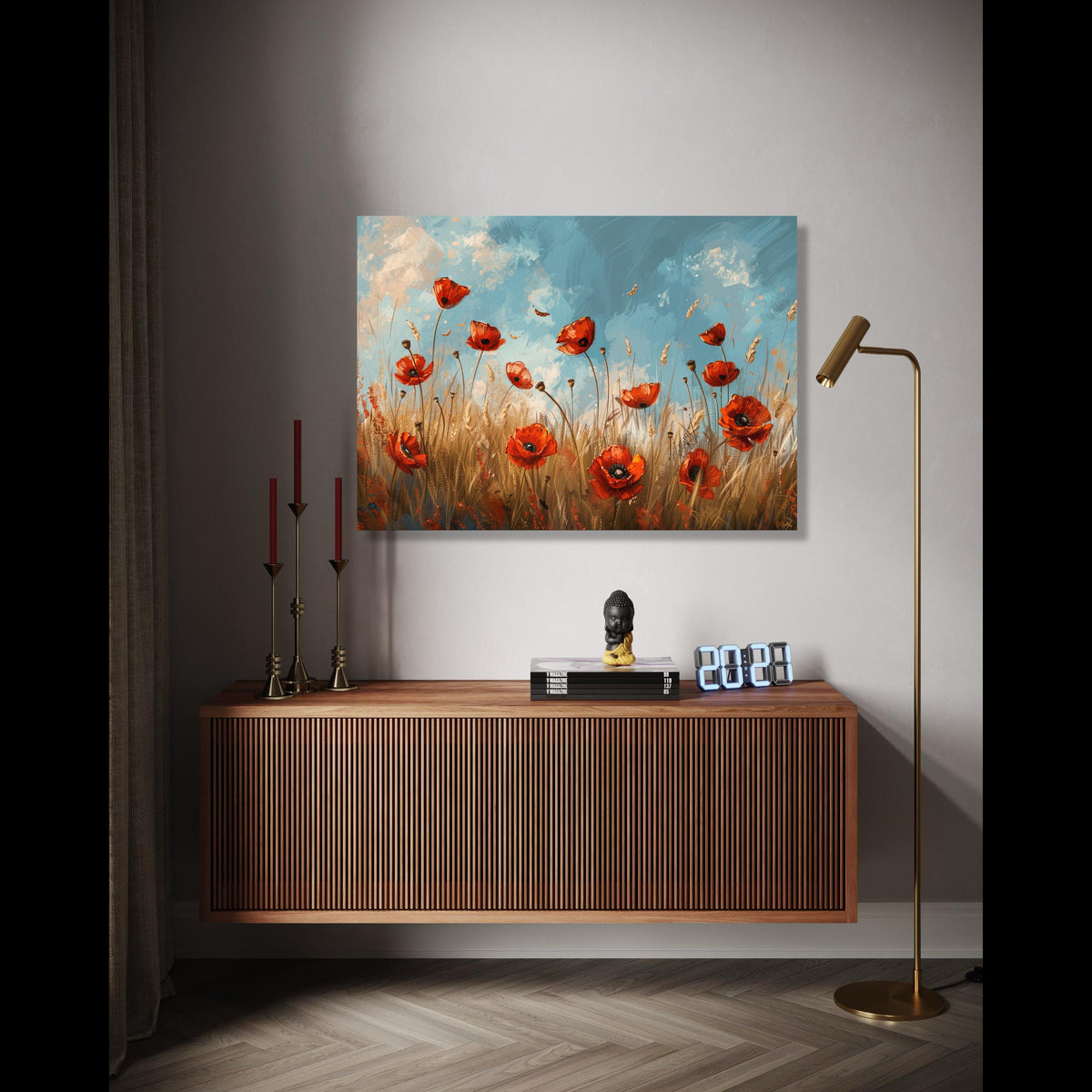 Vibrant Red Poppy Field Canvas, Floral Wall Art, Nature Landscape Painting, Blue Sky Meadow Canvas, Home Decor Gift Art, Home Decor, Print