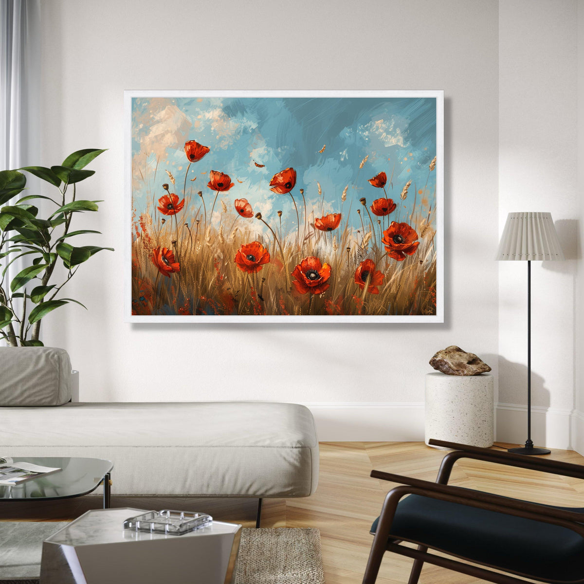 Vibrant Red Poppy Field Canvas, Floral Wall Art, Nature Landscape Painting, Blue Sky Meadow Canvas, Home Decor Gift Art, Home Decor, Print