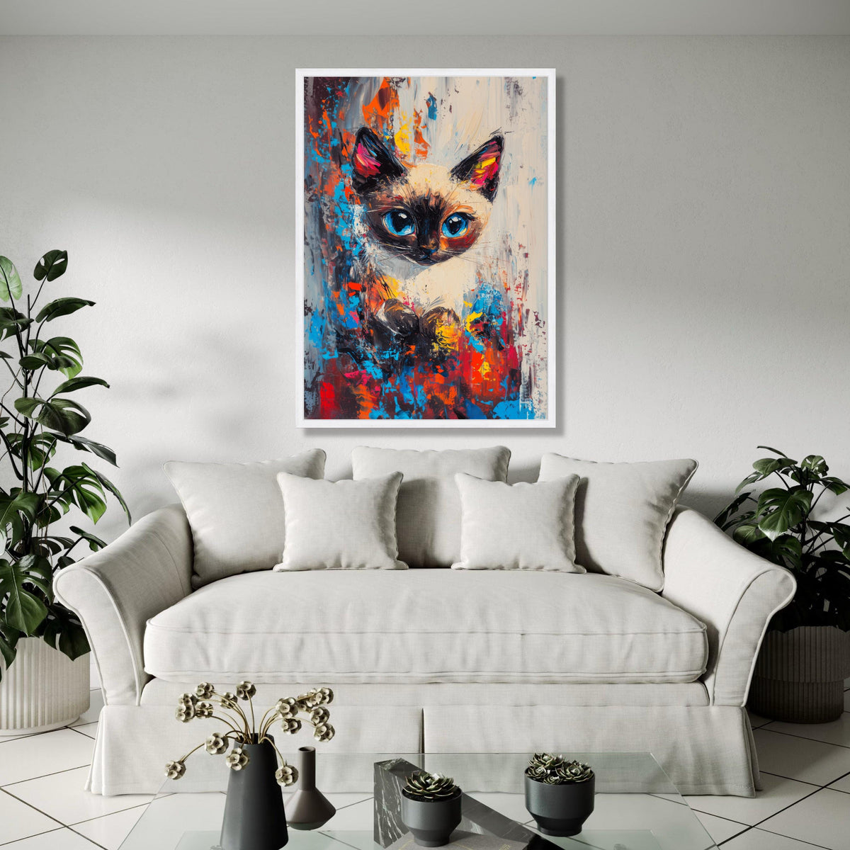 Vibrant Siamese Cat Portrait, Abstract Color Splash Canvas, Modern Animal Wall Art, Blue Eyes Cat Painting, Home Gift Art, Home Decor, Print