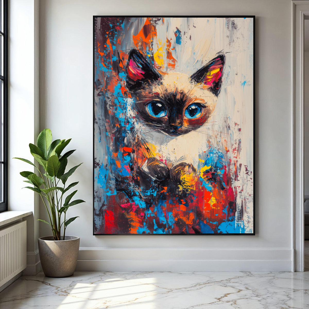 Vibrant Siamese Cat Portrait, Abstract Color Splash Canvas, Modern Animal Wall Art, Blue Eyes Cat Painting, Home Gift Art, Home Decor, Print