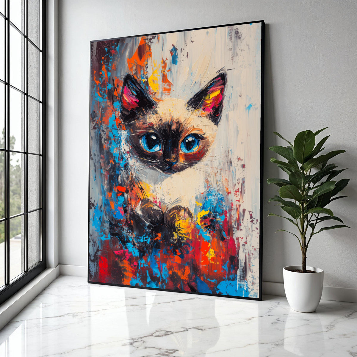 Vibrant Siamese Cat Portrait, Abstract Color Splash Canvas, Modern Animal Wall Art, Blue Eyes Cat Painting, Home Gift Art, Home Decor, Print
