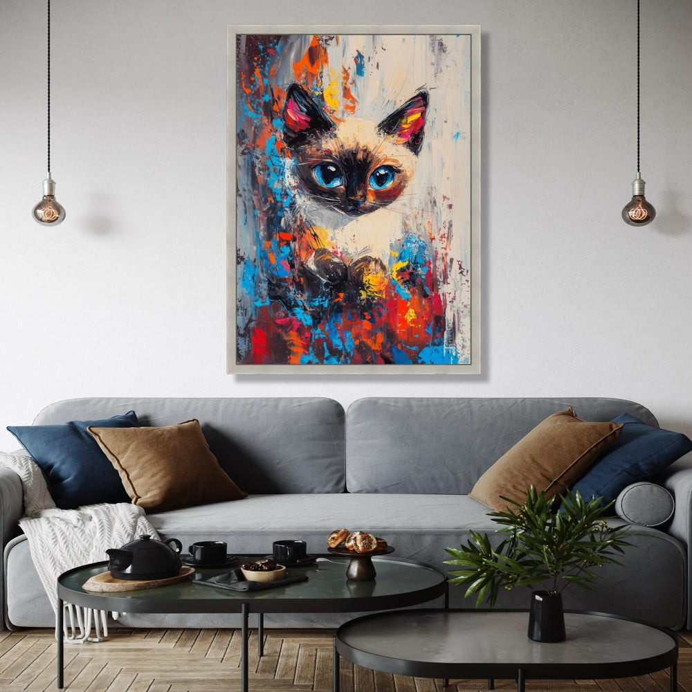 Vibrant Siamese Cat Portrait, Abstract Color Splash Canvas, Modern Animal Wall Art, Blue Eyes Cat Painting, Home Gift Art, Home Decor, Print