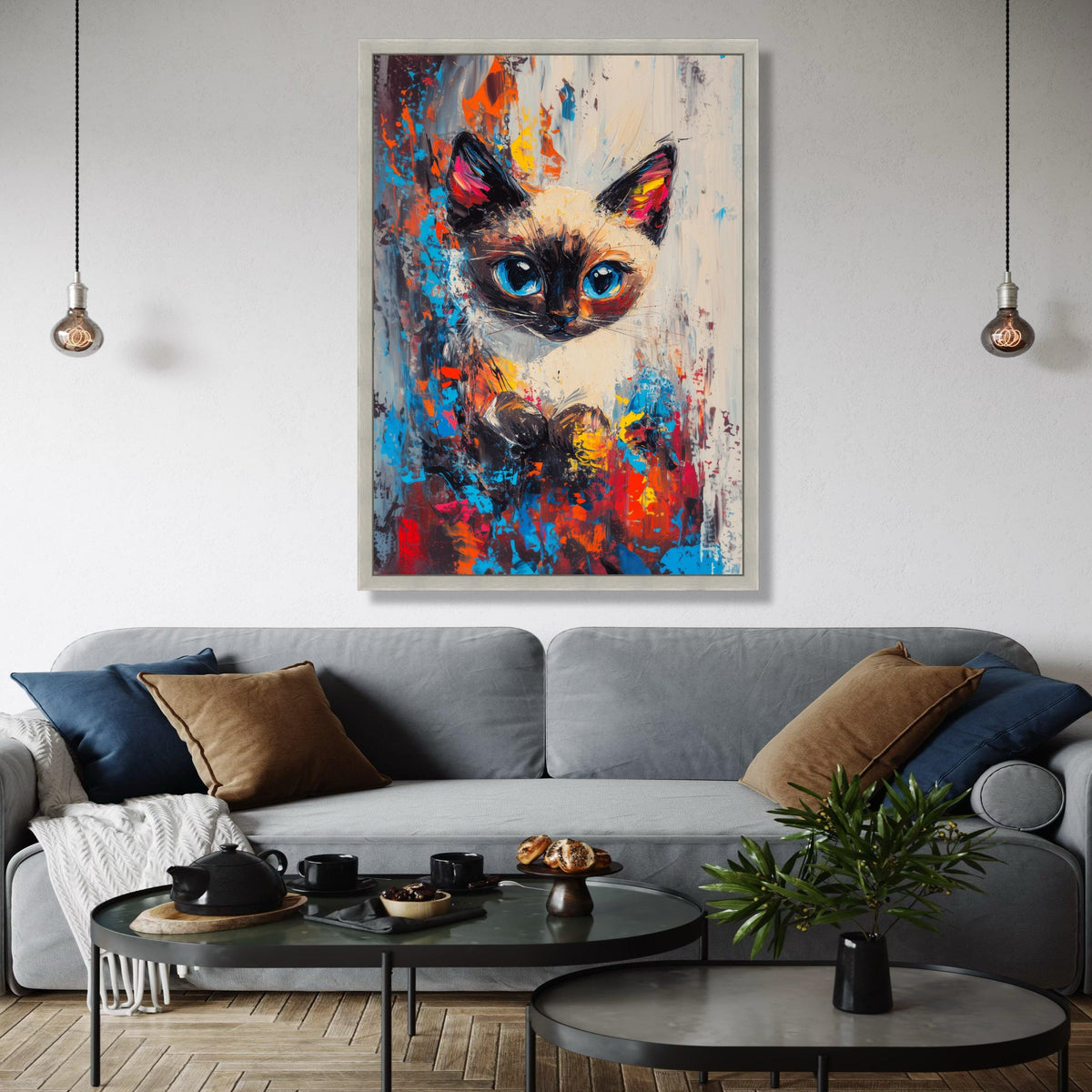 Vibrant Siamese Cat Portrait, Abstract Color Splash Canvas, Modern Animal Wall Art, Blue Eyes Cat Painting, Home Gift Art, Home Decor, Print