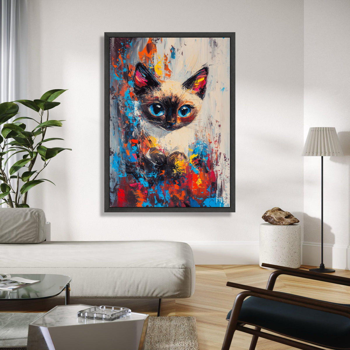 Vibrant Siamese Cat Portrait, Abstract Color Splash Canvas, Modern Animal Wall Art, Blue Eyes Cat Painting, Home Gift Art, Home Decor, Print
