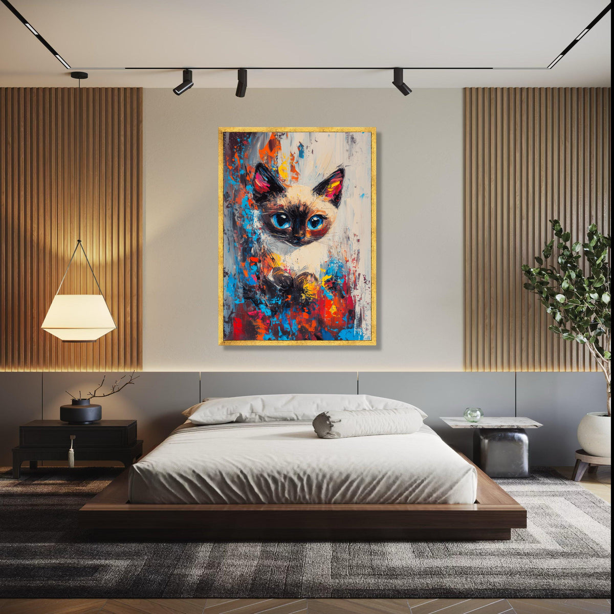 Vibrant Siamese Cat Portrait, Abstract Color Splash Canvas, Modern Animal Wall Art, Blue Eyes Cat Painting, Home Gift Art, Home Decor, Print