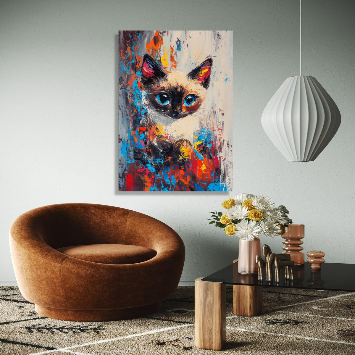 Vibrant Siamese Cat Portrait, Abstract Color Splash Canvas, Modern Animal Wall Art, Blue Eyes Cat Painting, Home Gift Art, Home Decor, Print