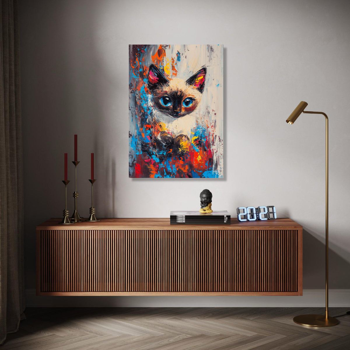 Vibrant Siamese Cat Portrait, Abstract Color Splash Canvas, Modern Animal Wall Art, Blue Eyes Cat Painting, Home Gift Art, Home Decor, Print