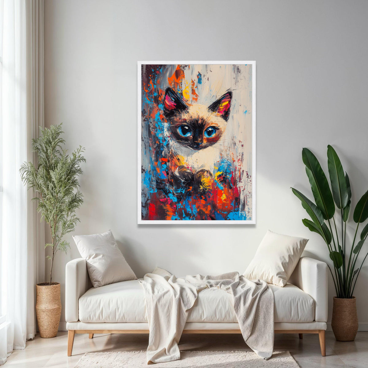 Vibrant Siamese Cat Portrait, Abstract Color Splash Canvas, Modern Animal Wall Art, Blue Eyes Cat Painting, Home Gift Art, Home Decor, Print