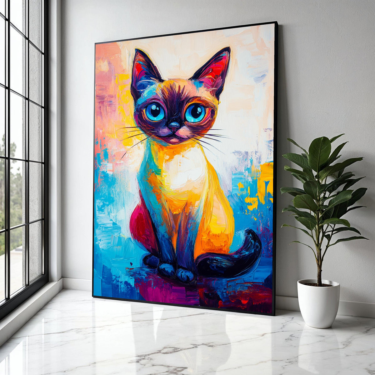Vibrant Colorful Cat Portrait Canvas, Abstract Feline Art, Modern Animal Wall Decor, Bright Blue Eyes Cat Gift Art, Home Decor, Print