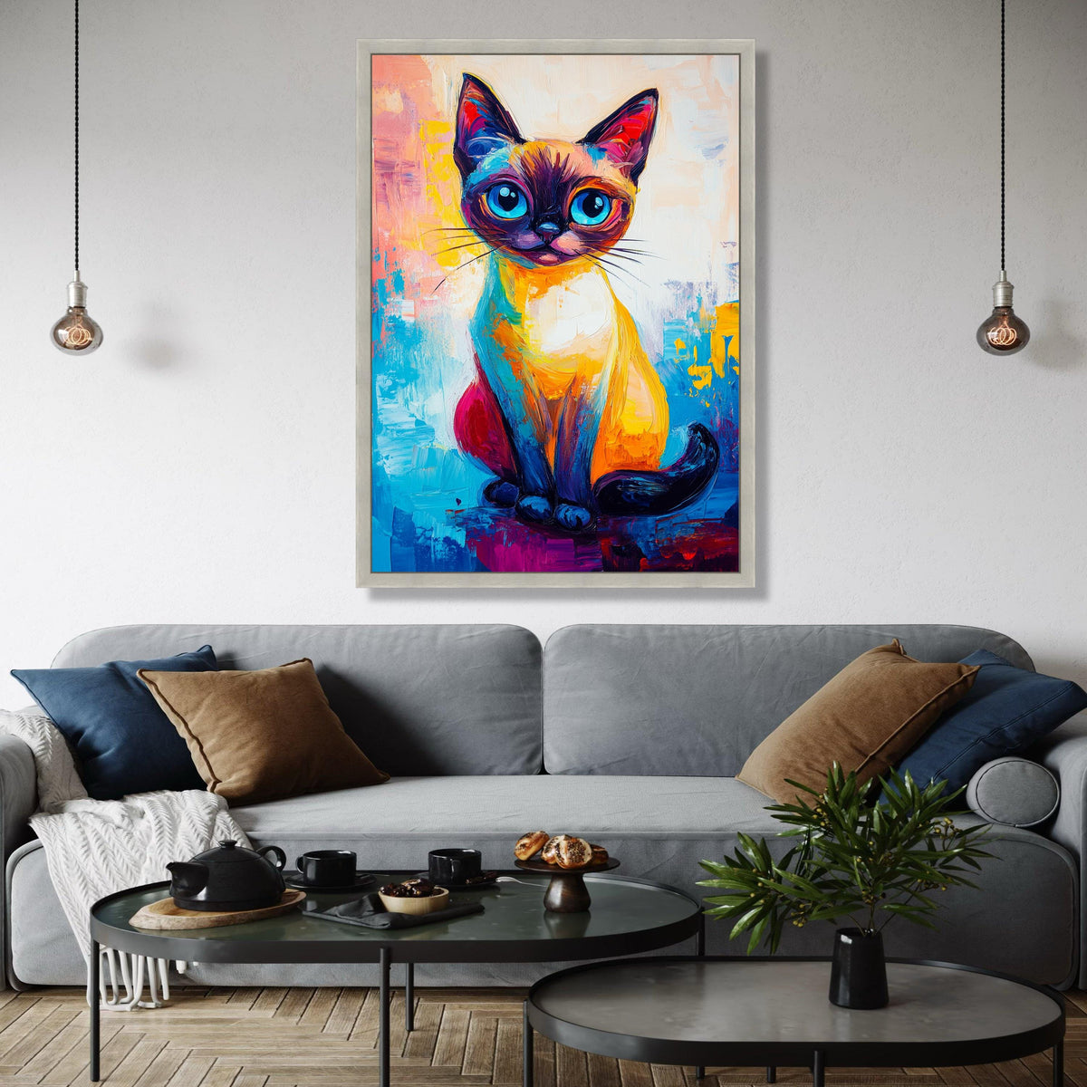 Vibrant Colorful Cat Portrait Canvas, Abstract Feline Art, Modern Animal Wall Decor, Bright Blue Eyes Cat Gift Art, Home Decor, Print