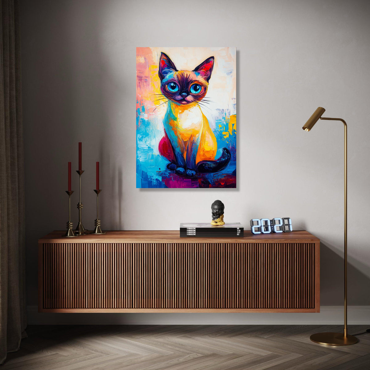 Vibrant Colorful Cat Portrait Canvas, Abstract Feline Art, Modern Animal Wall Decor, Bright Blue Eyes Cat Gift Art, Home Decor, Print