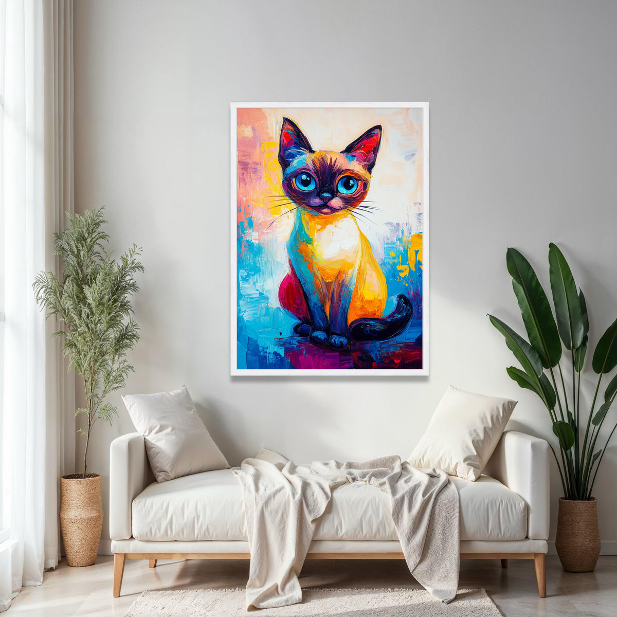 Vibrant Colorful Cat Portrait Canvas, Abstract Feline Art, Modern Animal Wall Decor, Bright Blue Eyes Cat Gift Art, Home Decor, Print
