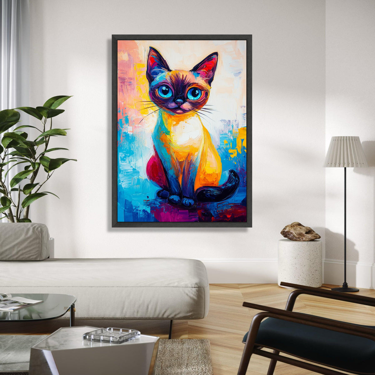 Vibrant Colorful Cat Portrait Canvas, Abstract Feline Art, Modern Animal Wall Decor, Bright Blue Eyes Cat Gift Art, Home Decor, Print