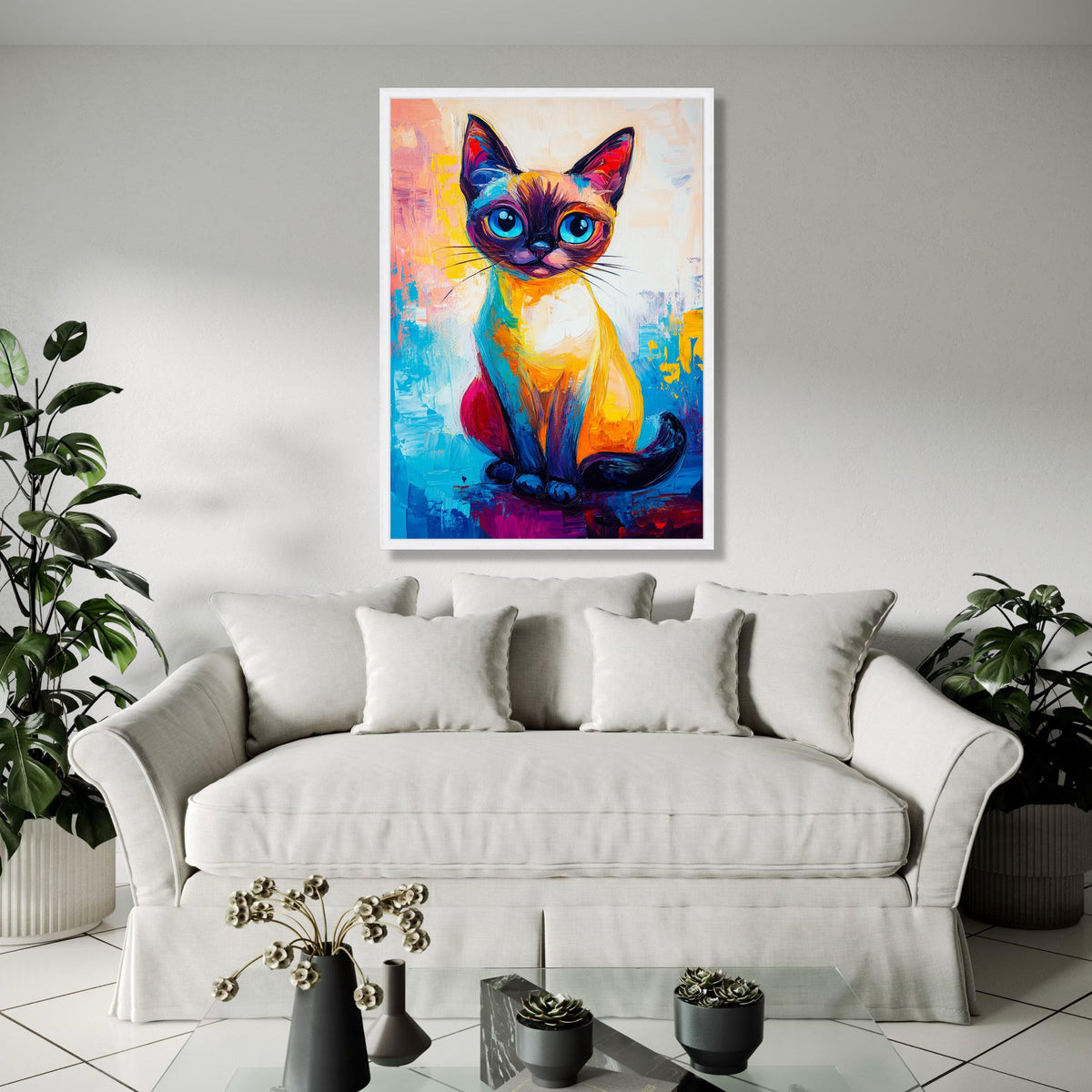Vibrant Colorful Cat Portrait Canvas, Abstract Feline Art, Modern Animal Wall Decor, Bright Blue Eyes Cat Gift Art, Home Decor, Print