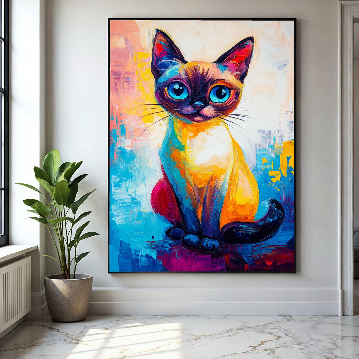 Vibrant Colorful Cat Portrait Canvas, Abstract Feline Art, Modern Animal Wall Decor, Bright Blue Eyes Cat Gift Art, Home Decor, Print