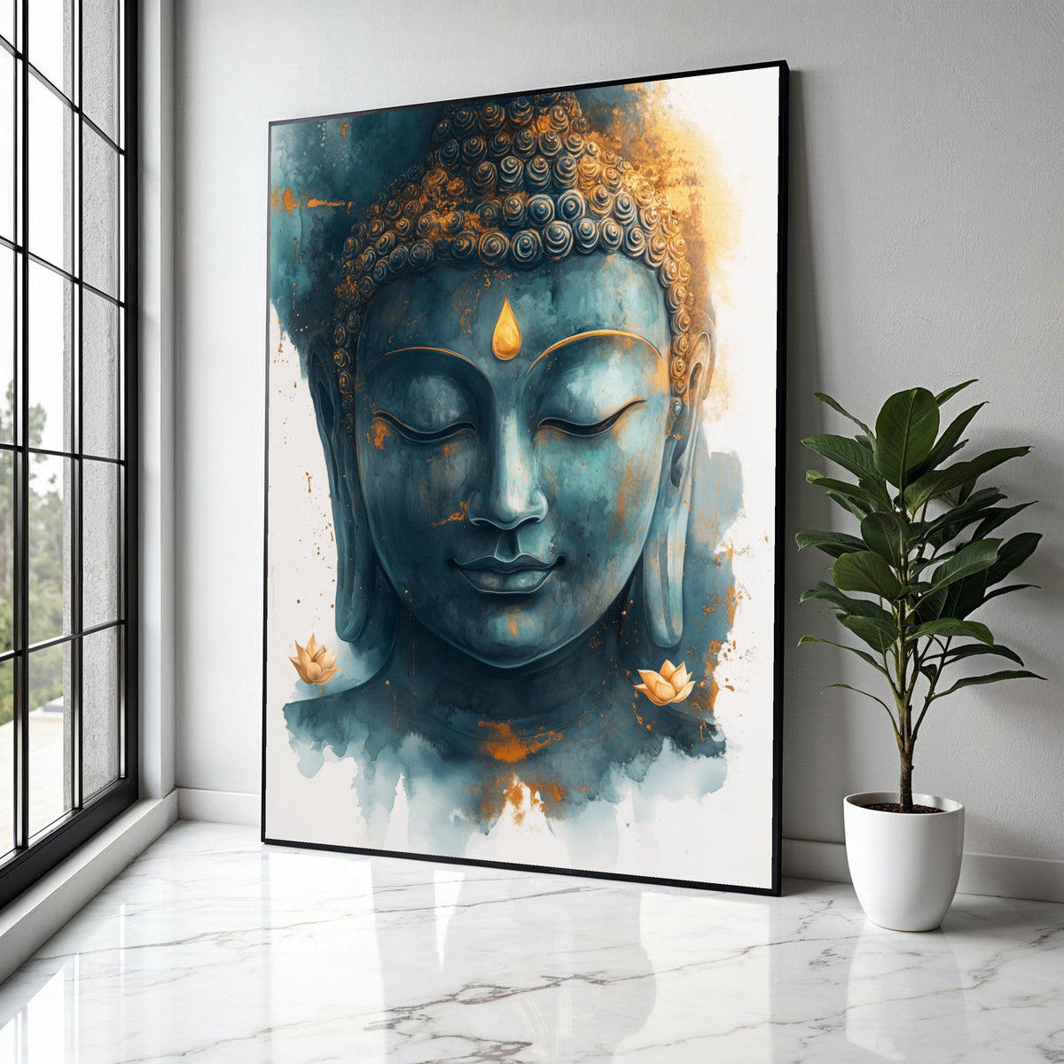 Tranquil Buddha Face Canvas Wall Art, Spiritual Meditation Decor, Zen Blue and Gold Buddha Portrait, Peaceful Gift Art, Home Decor, Print