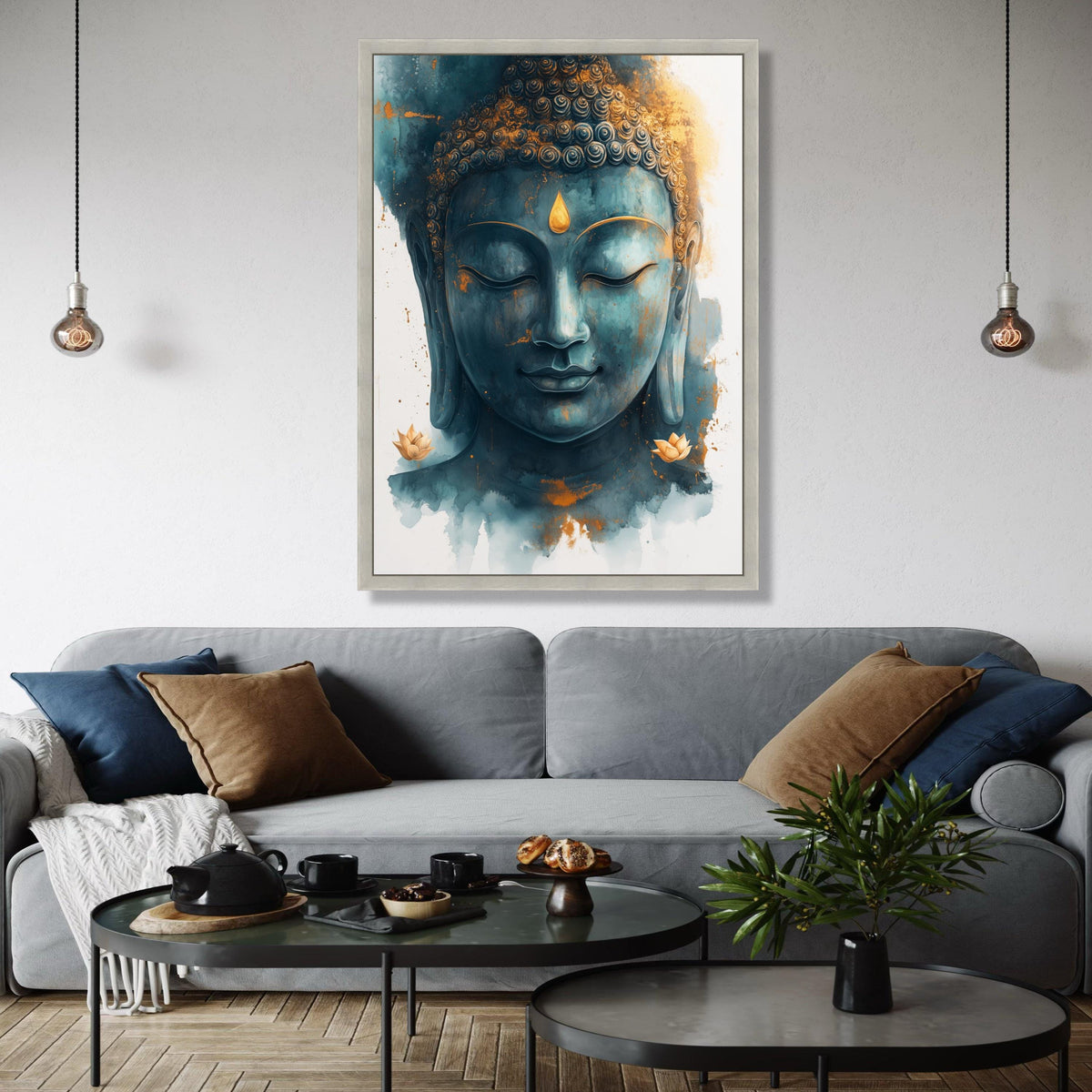 Tranquil Buddha Face Canvas Wall Art, Spiritual Meditation Decor, Zen Blue and Gold Buddha Portrait, Peaceful Gift Art, Home Decor, Print