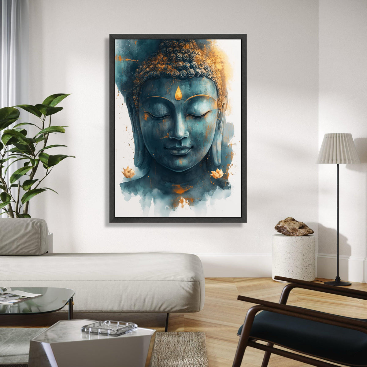 Tranquil Buddha Face Canvas Wall Art, Spiritual Meditation Decor, Zen Blue and Gold Buddha Portrait, Peaceful Gift Art, Home Decor, Print