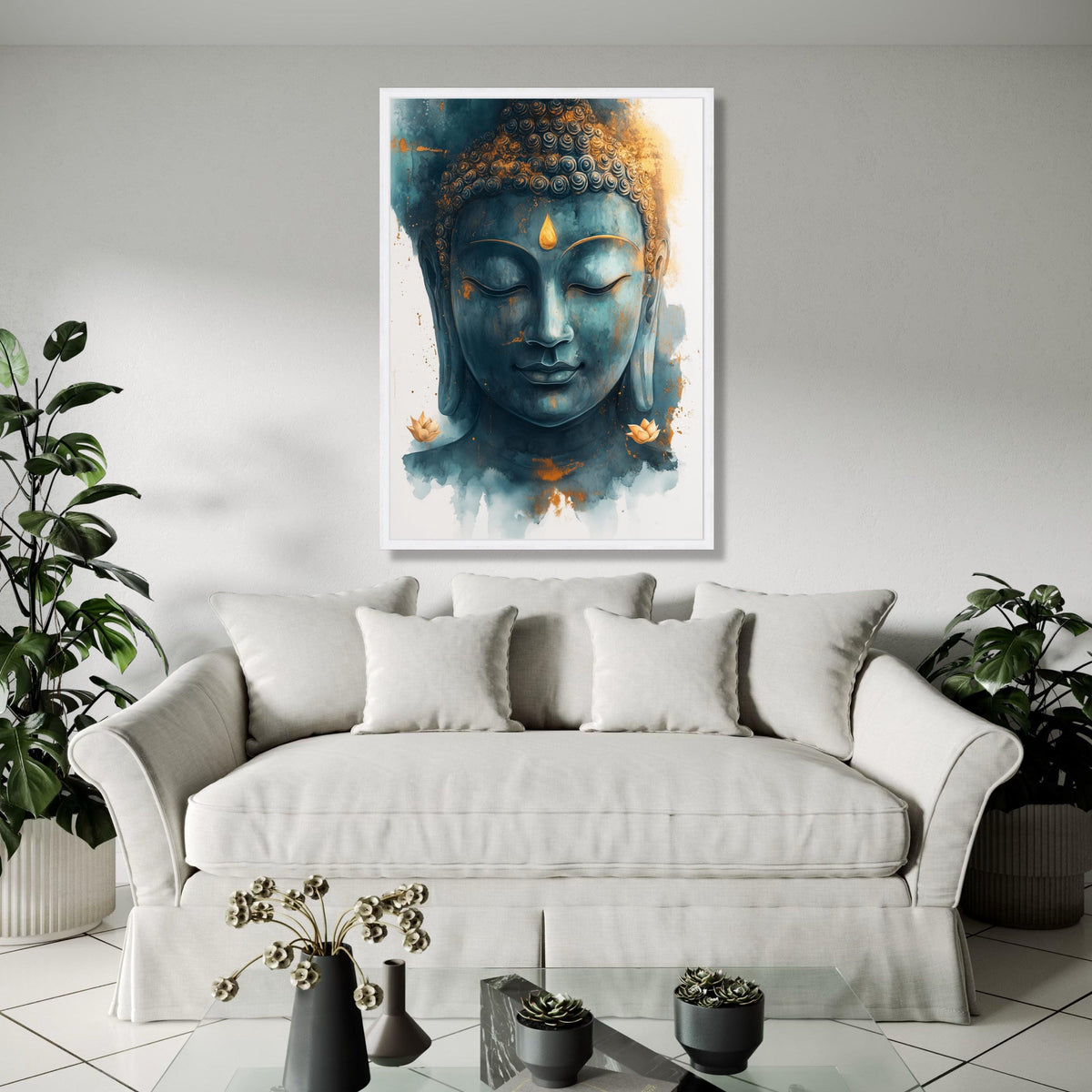 Tranquil Buddha Face Canvas Wall Art, Spiritual Meditation Decor, Zen Blue and Gold Buddha Portrait, Peaceful Gift Art, Home Decor, Print