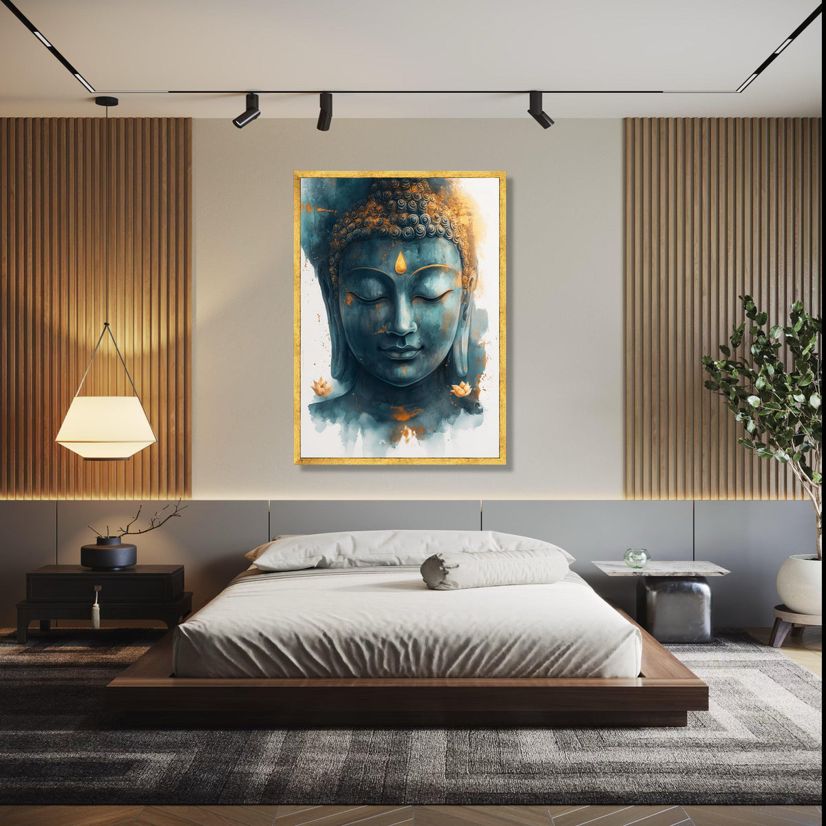 Tranquil Buddha Face Canvas Wall Art, Spiritual Meditation Decor, Zen Blue and Gold Buddha Portrait, Peaceful Gift Art, Home Decor, Print