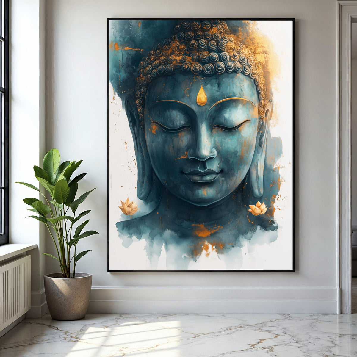 Tranquil Buddha Face Canvas Wall Art, Spiritual Meditation Decor, Zen Blue and Gold Buddha Portrait, Peaceful Gift Art, Home Decor, Print