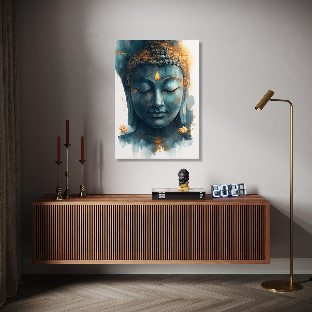 Tranquil Buddha Face Canvas Wall Art, Spiritual Meditation Decor, Zen Blue and Gold Buddha Portrait, Peaceful Gift Art, Home Decor, Print