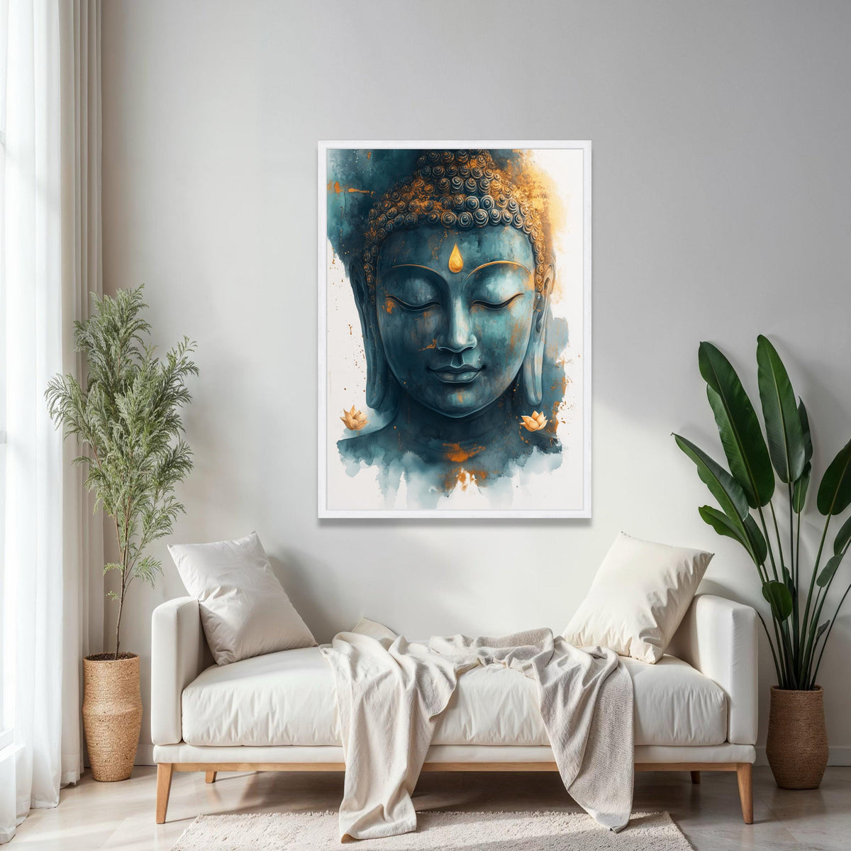 Tranquil Buddha Face Canvas Wall Art, Spiritual Meditation Decor, Zen Blue and Gold Buddha Portrait, Peaceful Gift Art, Home Decor, Print