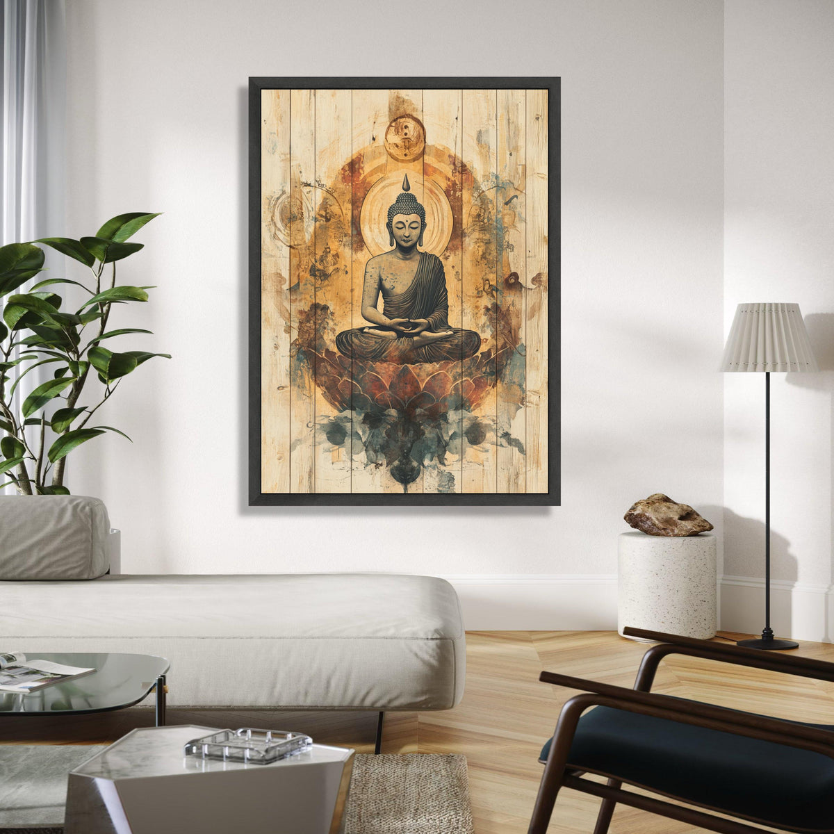 Meditating Buddha Canvas Wall Art, Spiritual Home Decor, Rustic Wooden Panel Design, Zen Buddhist Artwork, Gift Art, Home Decor, Print