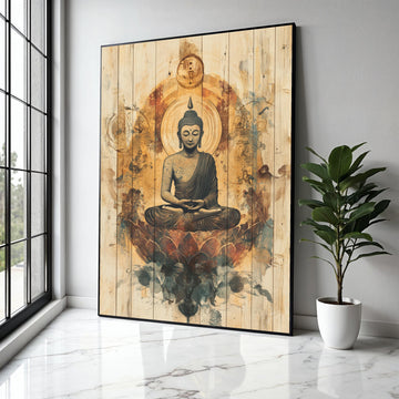 Meditating Buddha Canvas Wall Art, Spiritual Home Decor, Rustic Wooden Panel Design, Zen Buddhist Artwork, Gift Art, Home Decor, Print