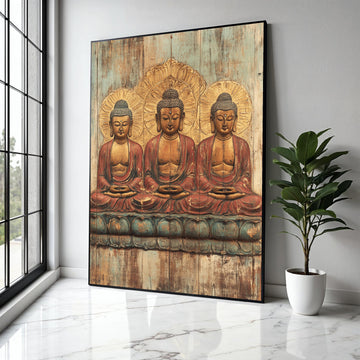 Tranquil Triple Buddha Canvas Wall Art, Serene Meditation Statue Print, Spiritual Home Decor, Zen Buddhist Art Gift Art, Home Decor, Print