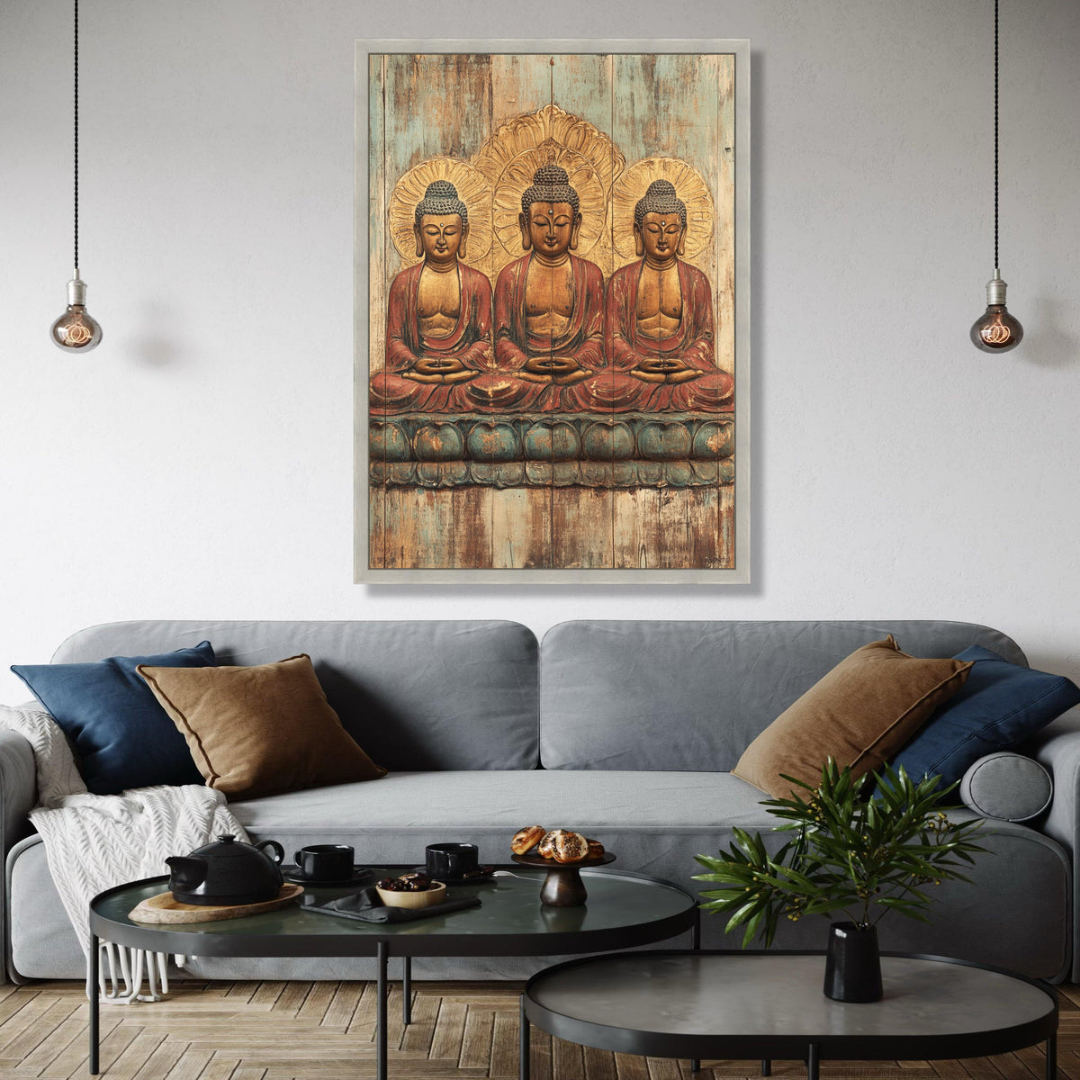 Tranquil Triple Buddha Canvas Wall Art, Serene Meditation Statue Print, Spiritual Home Decor, Zen Buddhist Art Gift Art, Home Decor, Print