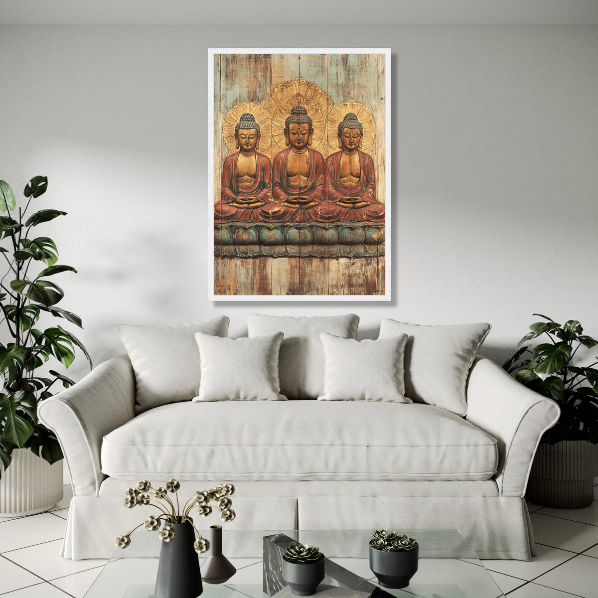 Tranquil Triple Buddha Canvas Wall Art, Serene Meditation Statue Print, Spiritual Home Decor, Zen Buddhist Art Gift Art, Home Decor, Print