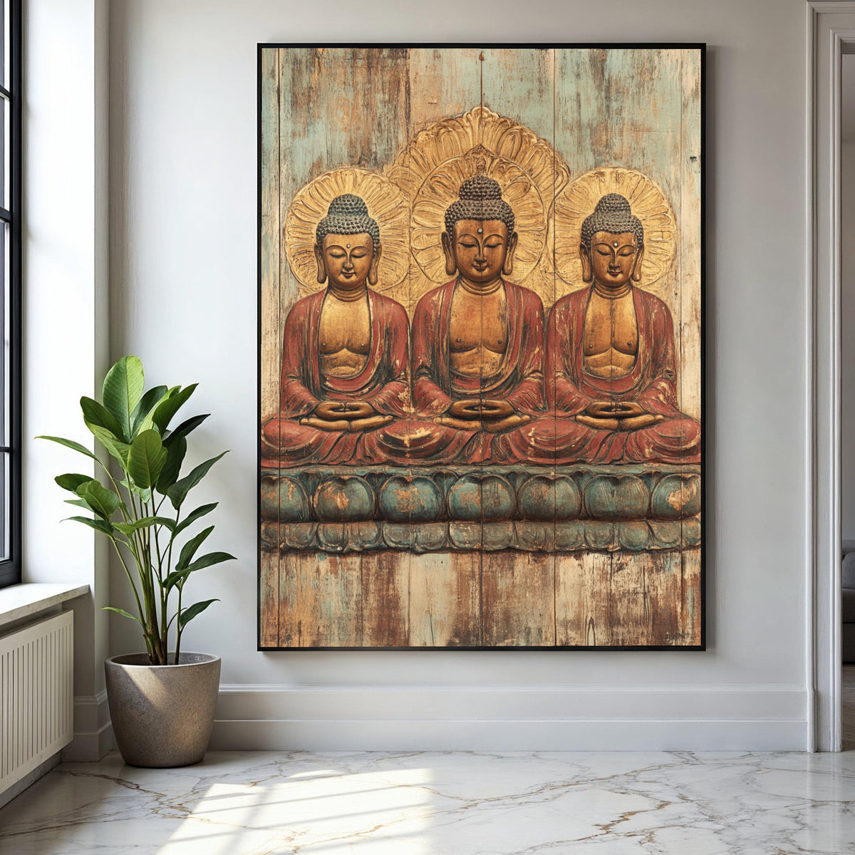 Tranquil Triple Buddha Canvas Wall Art, Serene Meditation Statue Print, Spiritual Home Decor, Zen Buddhist Art Gift Art, Home Decor, Print
