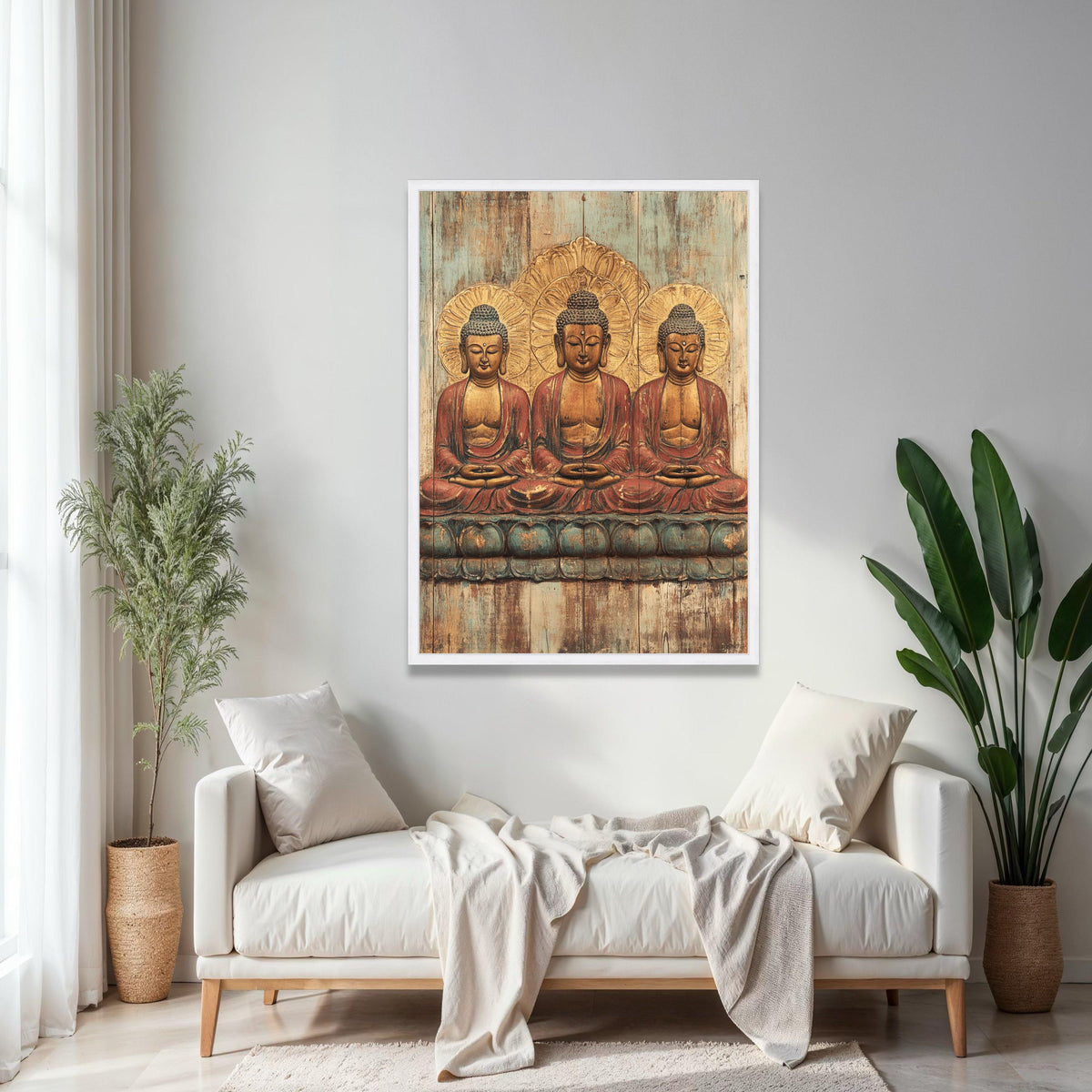 Tranquil Triple Buddha Canvas Wall Art, Serene Meditation Statue Print, Spiritual Home Decor, Zen Buddhist Art Gift Art, Home Decor, Print