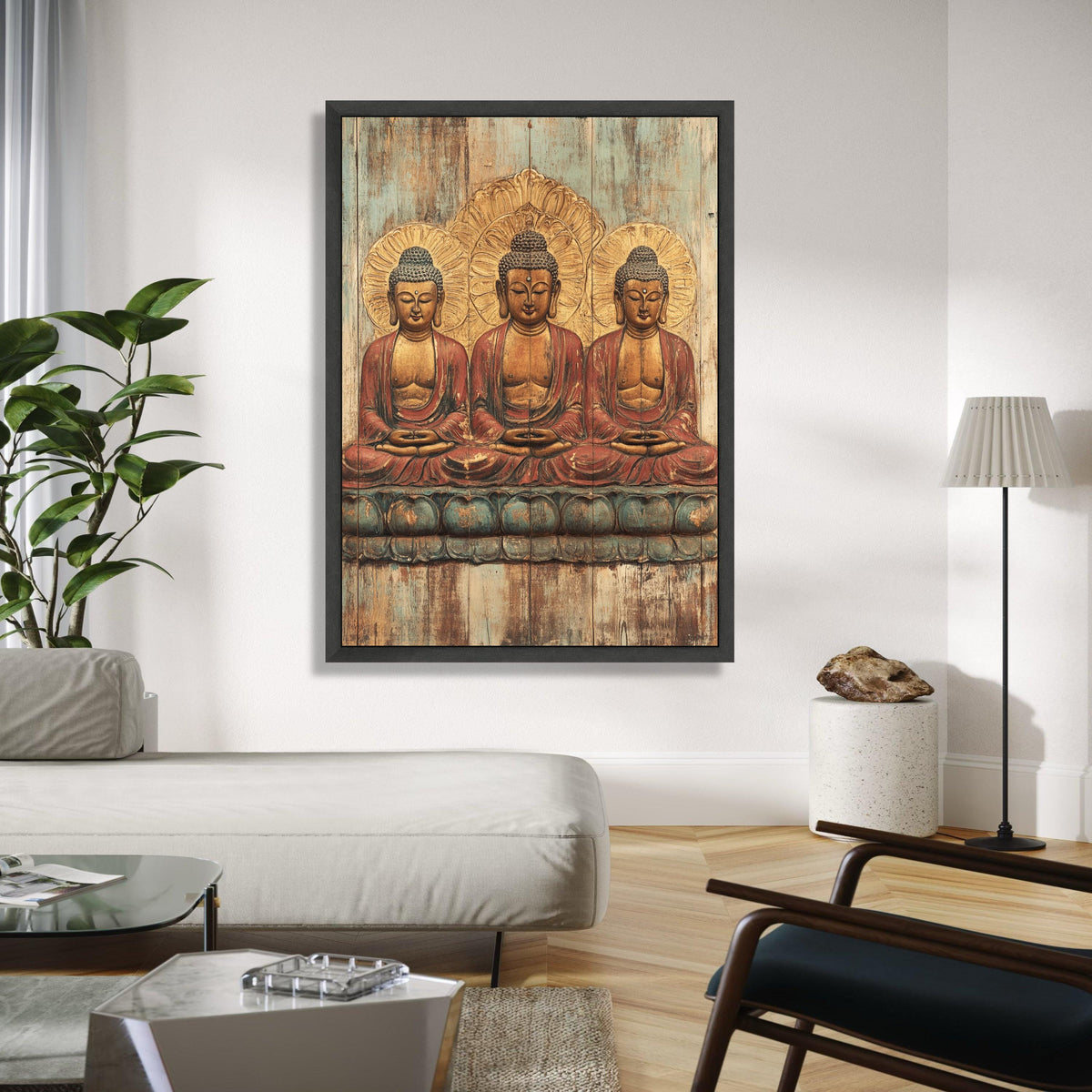 Tranquil Triple Buddha Canvas Wall Art, Serene Meditation Statue Print, Spiritual Home Decor, Zen Buddhist Art Gift Art, Home Decor, Print