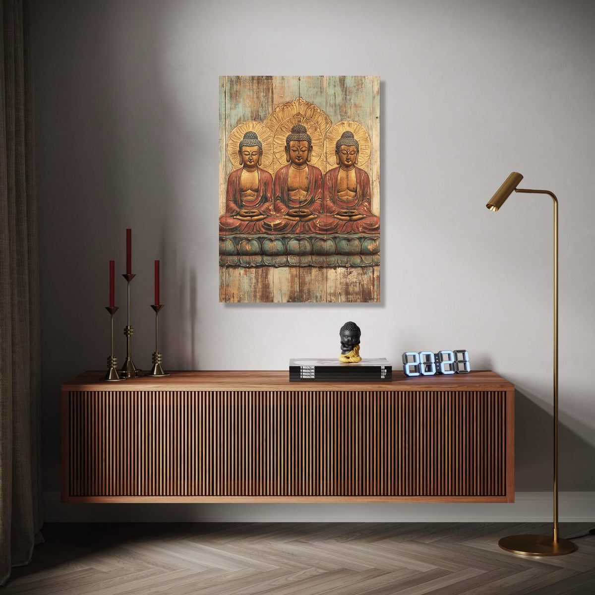 Tranquil Triple Buddha Canvas Wall Art, Serene Meditation Statue Print, Spiritual Home Decor, Zen Buddhist Art Gift Art, Home Decor, Print