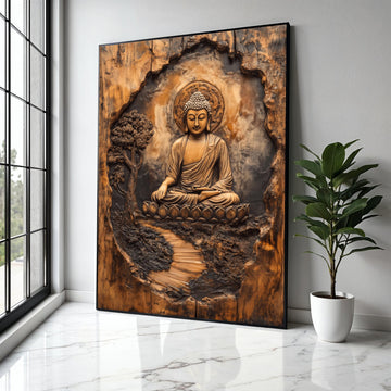 Serene Buddha Meditation Canvas Wall Art, Zen Spiritual Decor, Tranquil Buddha Sculpture Print, Wooden Gift Art, Home Decor, Print