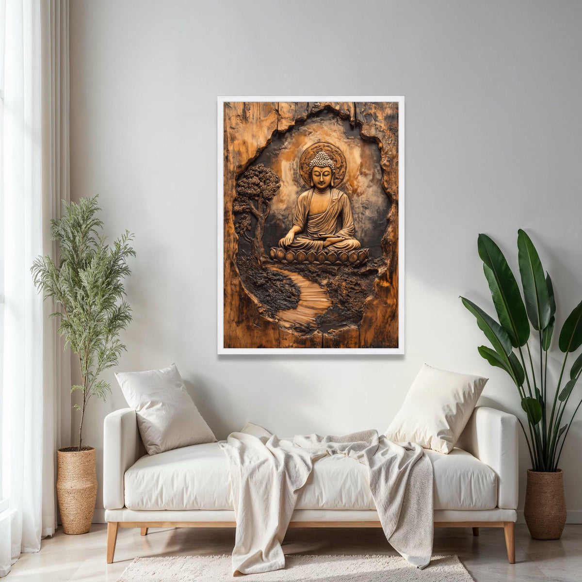 Serene Buddha Meditation Canvas Wall Art, Zen Spiritual Decor, Tranquil Buddha Sculpture Print, Wooden Gift Art, Home Decor, Print