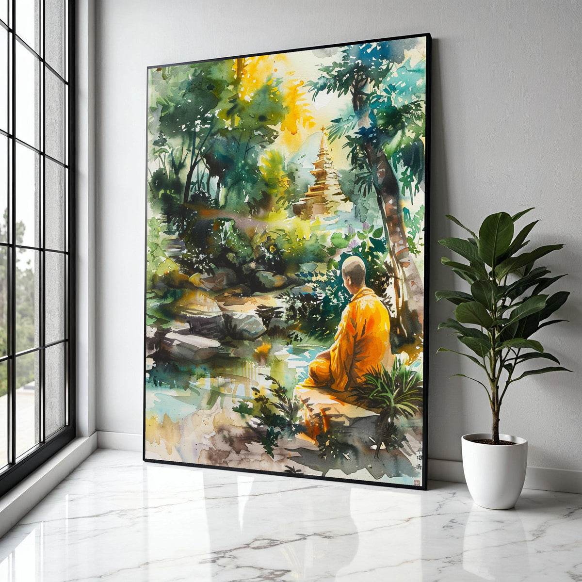 Tranquil Meditation Scene, Buddhist Monk Canvas, Spiritual Nature Wall Art, Peaceful Garden Landscape, Zen Home Gift Art, Home Decor, Print