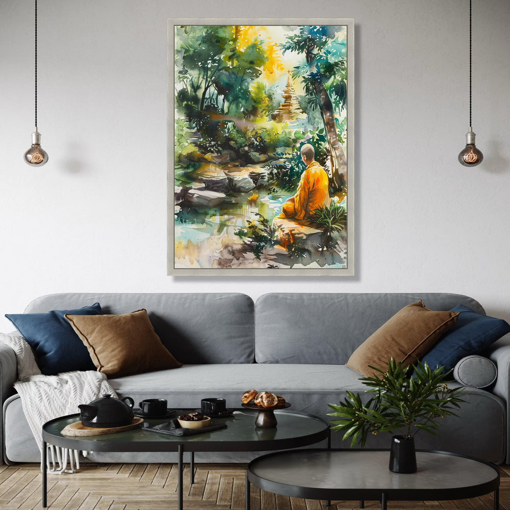Tranquil Meditation Scene, Buddhist Monk Canvas, Spiritual Nature Wall Art, Peaceful Garden Landscape, Zen Home Gift Art, Home Decor, Print