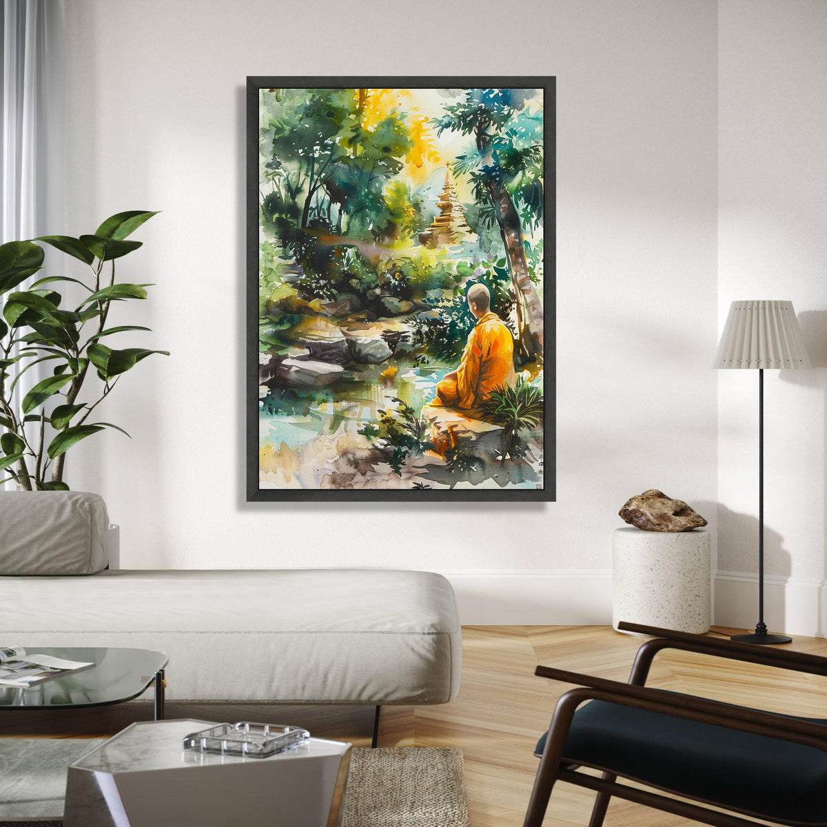 Tranquil Meditation Scene, Buddhist Monk Canvas, Spiritual Nature Wall Art, Peaceful Garden Landscape, Zen Home Gift Art, Home Decor, Print