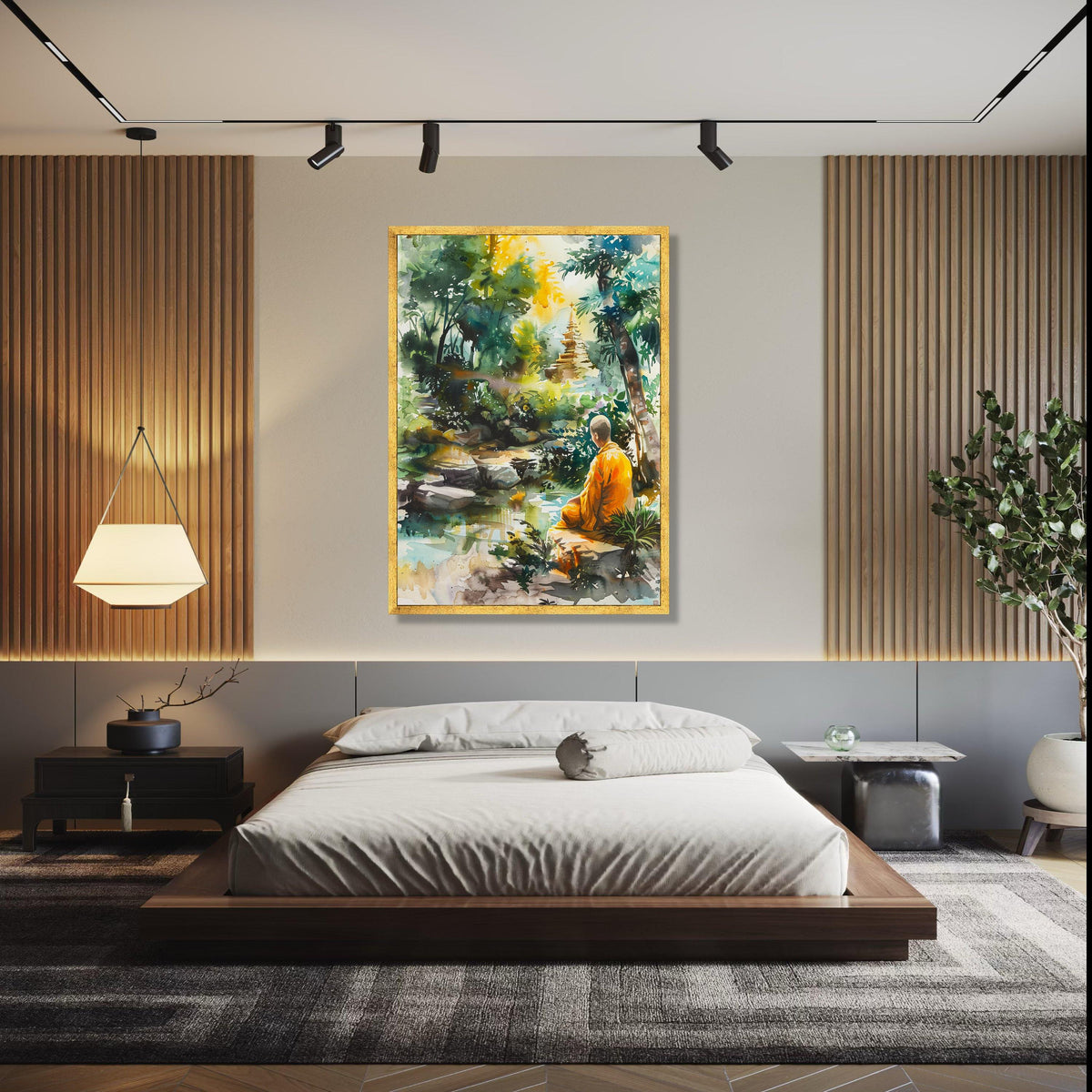 Tranquil Meditation Scene, Buddhist Monk Canvas, Spiritual Nature Wall Art, Peaceful Garden Landscape, Zen Home Gift Art, Home Decor, Print