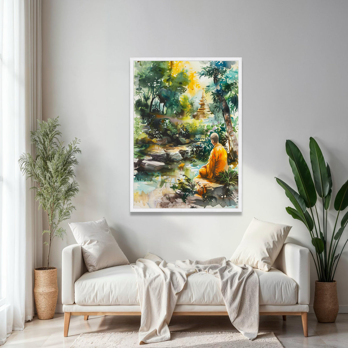 Tranquil Meditation Scene, Buddhist Monk Canvas, Spiritual Nature Wall Art, Peaceful Garden Landscape, Zen Home Gift Art, Home Decor, Print