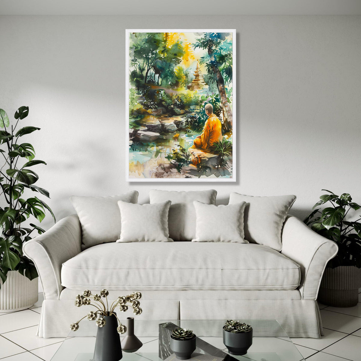 Tranquil Meditation Scene, Buddhist Monk Canvas, Spiritual Nature Wall Art, Peaceful Garden Landscape, Zen Home Gift Art, Home Decor, Print