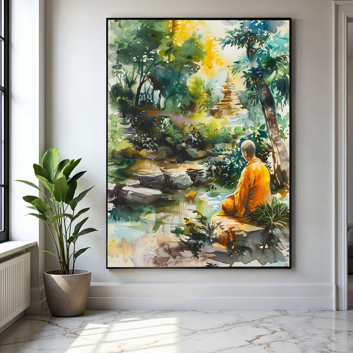 Tranquil Meditation Scene, Buddhist Monk Canvas, Spiritual Nature Wall Art, Peaceful Garden Landscape, Zen Home Gift Art, Home Decor, Print