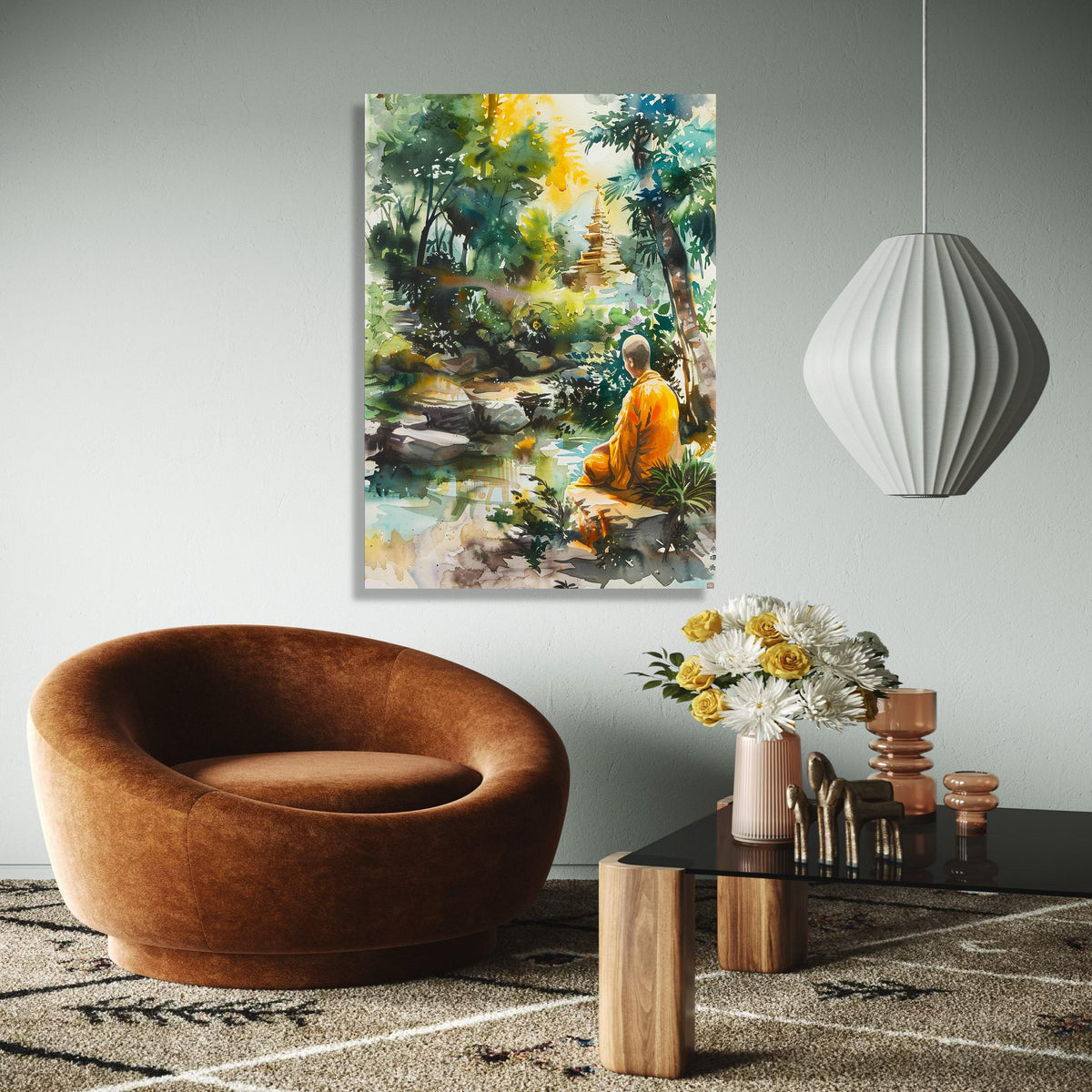 Tranquil Meditation Scene, Buddhist Monk Canvas, Spiritual Nature Wall Art, Peaceful Garden Landscape, Zen Home Gift Art, Home Decor, Print