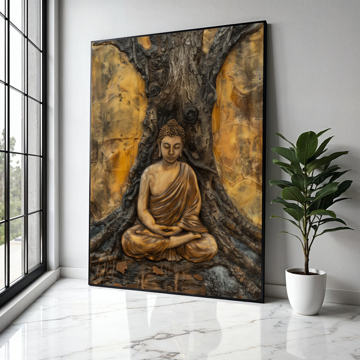 Serene Buddha Meditation Canvas, Spiritual Wall Art, Zen Statue Artwork, Tranquil Home Decor, Buddha under Tree Gift Art, Home Decor, Print